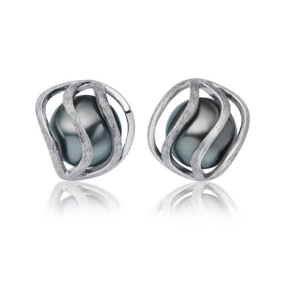 White gold cage earrings with dark pearl